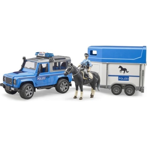 Bruder 2588 Land Rover Defender politievoertuig, paardentrailer, paard + politieagent