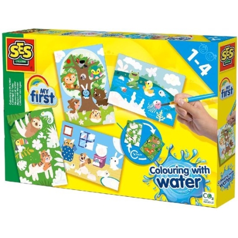 SES - My First - Verven - Kleuren met water - Verborgen dieren - zonder geknoei - inclusief 4 voorbedrukte kaarten en kwast - steeds opnieuw te gebruiken