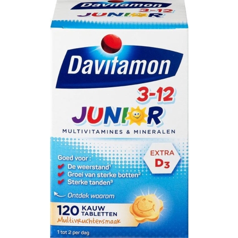 Davitamon Junior 3+ Kauwvitamines - multivitamine kinderen - multifruit - 120 tabletten