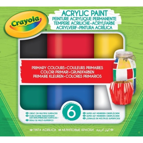 Crayola - 6 Acryl verf Primaire Tinten, in Hersluitbare Potten, Klaar voor Gebruik, voor School en Vrije Tijd