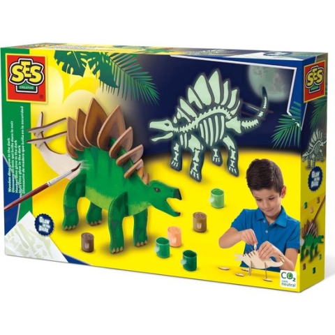 SES - Houten dino - glow in the dark - geen lijm nodig - inclusief verf, penseel, sponsje en glow in the dark stickers