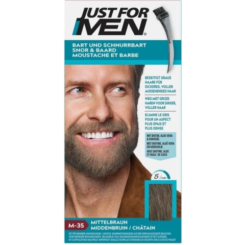 Just for Men Snor en Baard Haarkleuring M35 Middenbruin - Haarverf voor Mannen - Grijs Haar Verdwijnt in 5 Minuten - Versterkt Natuurlijke Kleur - Eenvoudig te Borstelen - Zonder Ammoniak - Meerdere Keren Bruikbaar - Blijft tot 8 Weken Zitten
