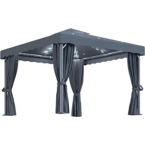 3070347 vidaXL Gazebo with Curtain&LED String Lights 3x3 m Anthracite (49423+49424+315536)