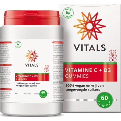 Vitals - Vitamine C + D3 gummies - 60 gummibeertjes - 100% vegan en vrij van toegevoegde suikers