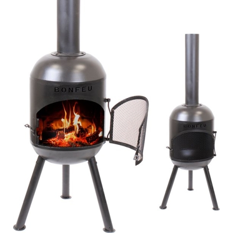 BonFeu BonSolo Tuinhaard Zwart Staal - Houtkachel met Grill - Buitenkoken - Tuinkachel voor Sfeervolle Avonden - 34x34x126 cm