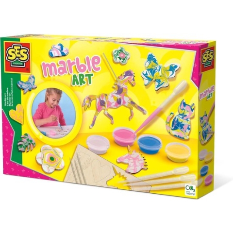 SES - Marble art - kunst met marmer effect - 4 kleuren verf - met houten vormen, pipetten en cocktailprikkers - goed uitwasbaar
