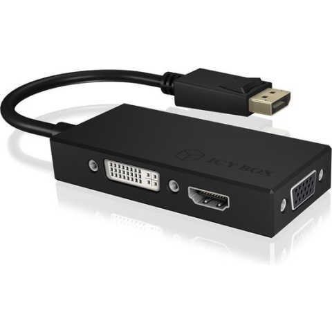 ICY BOX IB-AC1031 3-in-1 adapter DisplayPort (stekker) naar HDMI (4K Ultra HD), DVI-D of VGA (Full HD) zwart
