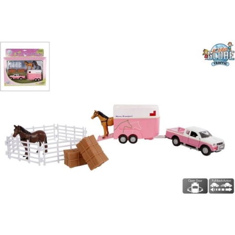 Kids Globe Mitsubishi met paardentrailer en accessoires 27 cm roze