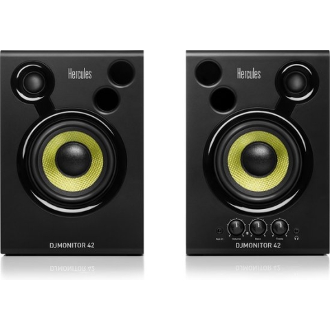 Hercules DJMonitor 42 - DJ Speakerset - Zwart - 2 x 20 watt RMS - 80 Watt piekvermogen - 9mm MDF houten kist - 4 inch woofer - Krachtige DJ-speakers - Treble- en basregeling op het voorpaneel - Koptelefoonaansluiting aan de voorzijde en aux-ingang