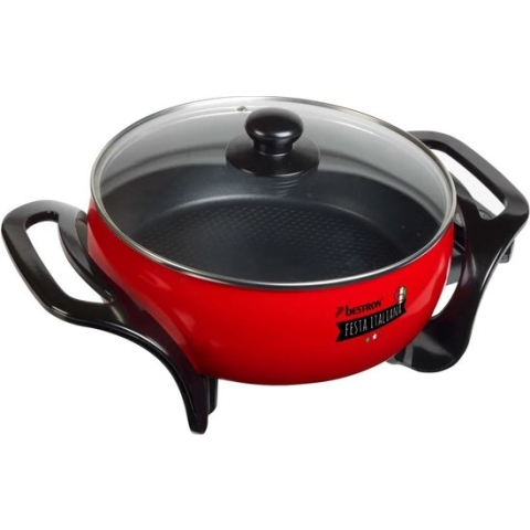 Bestron elektrische Hapjespan Ø26cm, multifunctionele Partypan met glazen deksel, met antiaanbaklaag & thermostaat, 1.500 watt, kleur: zwart/rood