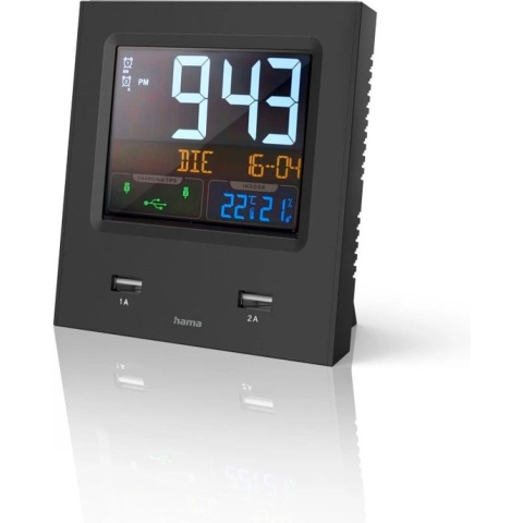 Hama Radiogestuurde wekker - Digitale wekker - LED-display - Dual-USB - Slaaptimer - Speed-alarm - Datum, temperatuur- en luchtvochtigheidsweergave - Draadloos - 11,6x6x11,9 cm - Zwart