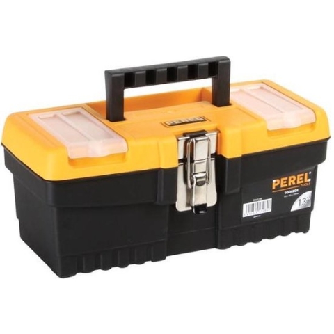 Perel Gereedschapskoffer, polypropyleen, met verwijderbare inlegbak, 2 organizers in het deksel, inklapbaar handvat en metalen sluiting, zwart/geel, 320 x 155 x 139 mm