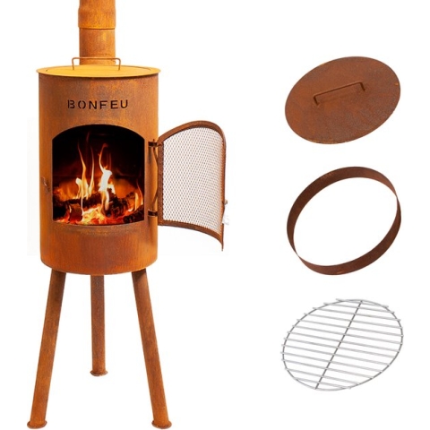 BonFeu BonGiano SP Tuinhaard Roest Staal - Houtkachel met Grill - Buitenkoken - Tuinkachel voor Sfeervolle Avonden - 30x30x142 cm