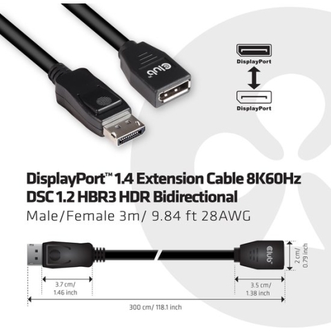 club3D CAC-1023 DisplayPort-kabel DisplayPort Verlengkabel DisplayPort-stekker, DisplayPort-bus 3.00 m Zwart