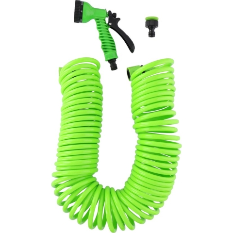 Kinzo Flexibele Tuinslag 15 Meter - Incl. Sproeikop en Snelkoppeling - 7 Sprayfuncties - Spiraalslang - Uv-Bestendig - PVC - Groen
