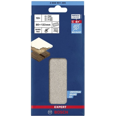 Bosch Accessories EXPERT M480 2608901205 Schuurnetset Geperforeerd Korrelgrootte 80, 80, 80, 80, 120, 120, 120, 180, 180, 180 (l x b) 133 mm x 80 mm 10 stuk(s)