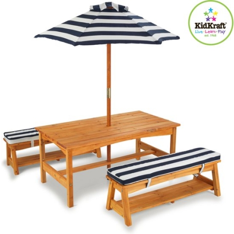 KidKraft Houten Kinder buitentafel en bankjes set marineblauw/hout