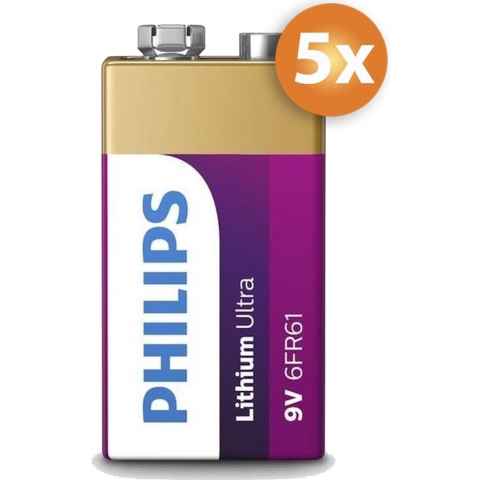 Voordeelpak 5 stuks Philips 9V Lithium batterijen
