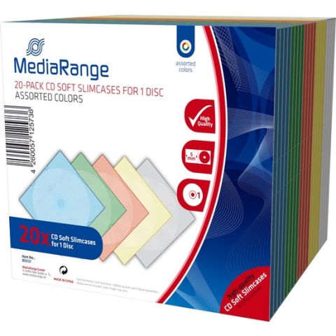 MediaRange | CD Slimcase | Soft | 5.2mm | 1 Disc | Transparant | 5 Kleuren | 20 Stuks