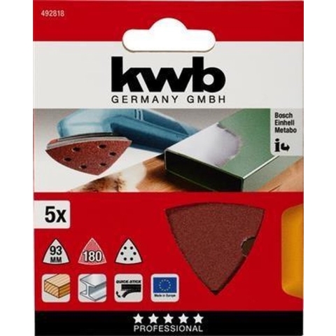 KWB schuurschijf Delta 93 x 93 mm - Korrel 180 - Klittenbandhechting - 492818 - 5 stuks