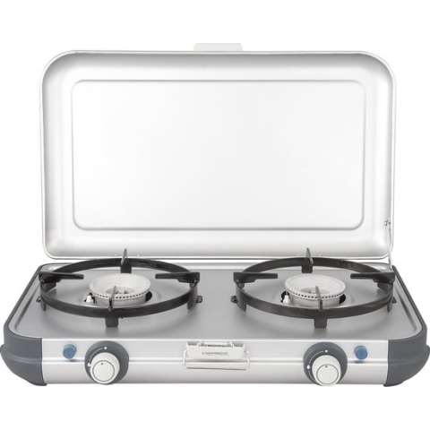 Campingaz Camping Kitchen 2 CV PZ Camping kooktoestel - 2 pits camping gas kooktoestel - 2x 2000 Watt - Piezo ontsteking - werkt op Campingaz CV470+ gascartouche - lichtgewicht camping kooktoestel 2 pits - voor 2 pannen van 24 cm - zilvergrijs