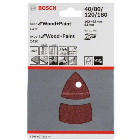 Bosch - 25-delige schuurbladset 102 x 62, 93 mm, 3x40, 6x80, 3x120, 3x180, 2x40, 2x80, 4x120, 2x180