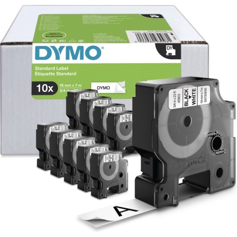 DYMO originele D1 labels | Zwarte Tekst op Wit Label | 19 mm x 7 m | zelfklevende etiketten voor de LabelManager labelprinters | 10 stuks | gemaakt in Europa