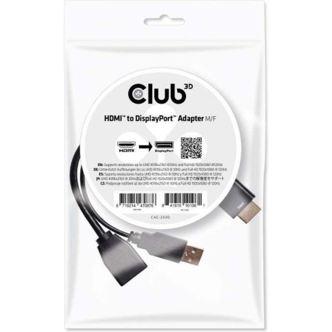 club3D CAC-2330 HDMI Adapter [1x HDMI-stekker - 1x DisplayPort bus] Zwart