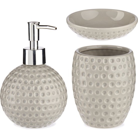 Badkamer accessoires set met stippen 3-delig kiezelgrijs van keramiek - Schaaltje - Zeeppompje - Beker
