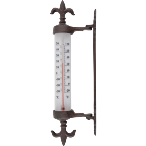 Wandthermometer gietijzer met Franse lelies voor binnen en buiten - kozijnthermometer en buitenthermometer