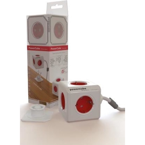 DesignNest PowerCube Extended 3 meter kabel - wit/rood - 5 stopcontacten Type F - stekkerdoos - stekkerblok
