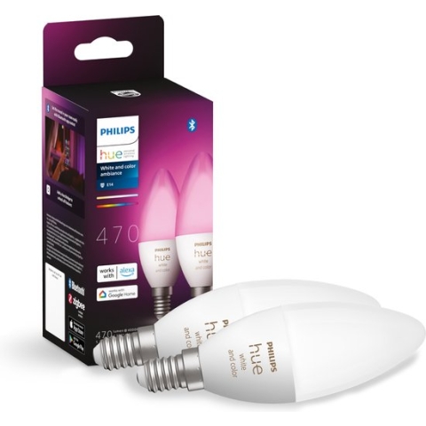 Philips Hue Kaarslamp Lichtbron E14 Duopack - wit en gekleurd licht - 5,2W - Bluetooth - 2 Stuks