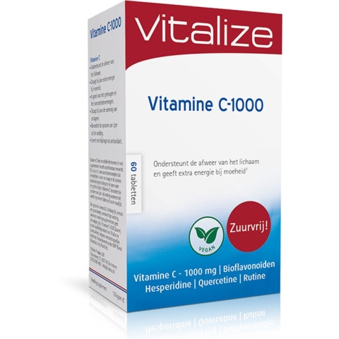Vitalize Vitamine C 1000 mg Zuurvrij 60 tabletten - Draagt bij aan het behoud van een goede / sterke weerstand - Helpt bij futloosheid, moeheid en vermoeidheid