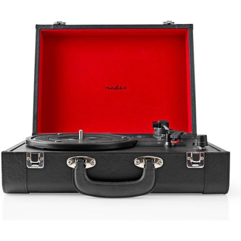 Platenspeler - 33 / 45 / 78 rpm - Riemaandrijving - 1x Stereo RCA - 18 W - Ingebouwde (voor) versterker - MDF / PU - Rood / Zwart