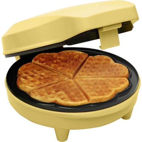 Bestron Wafelijzer voor klassieke hartwafels, Wafelmaker voor wafels in hartvorm, met indicatielampje & antiaanbaklaag, retro-design, 700 Watt, kleur: geel