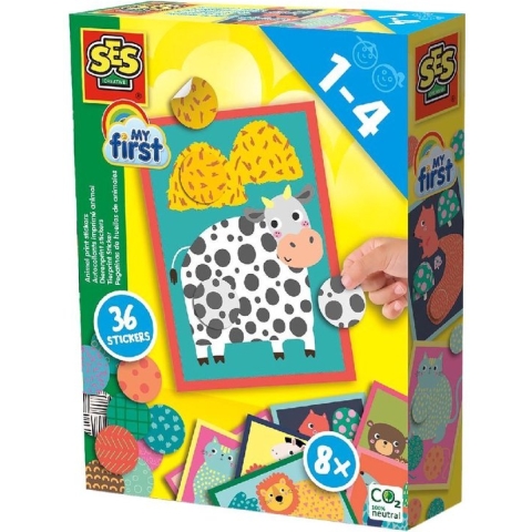 SES - My First - Dierenprint stickers - 8 kaarten met 36 stickers - plak de juiste kleuren en patronen op de kaart