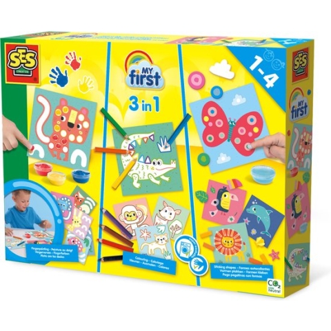 SES - My First - 3 in 1 - Vingerverven, kleuren en vormen plakken - met 4 kleuren vingerverf, 8 dikke potloden, vingerlijm, plakfiguren en knutselkaarten - makkelijk uitwasbaar
