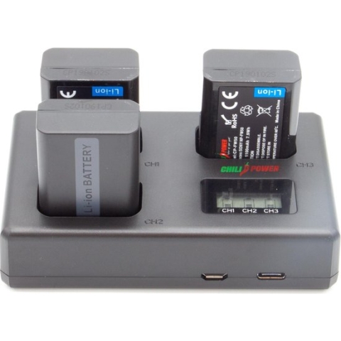 ChiliPower Sony Accu NP-FW50 Kit Deluxe - 3 accu's + Triple lader, voor het laden van 3 accu's