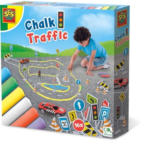 SES - Stoepkrijt - verkeer - met verkeersborden, pionnen, hekken en een auto - 6 kleuren krijt