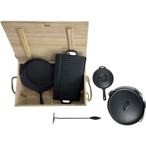 Landmann Dutch oven Set Gietijzer 6-delig - Gietijzeren braadpan - Gietijzeren koekenpan - Gietijzeren pan - Gietijzeren pan bbq - Braadpan gietijzer