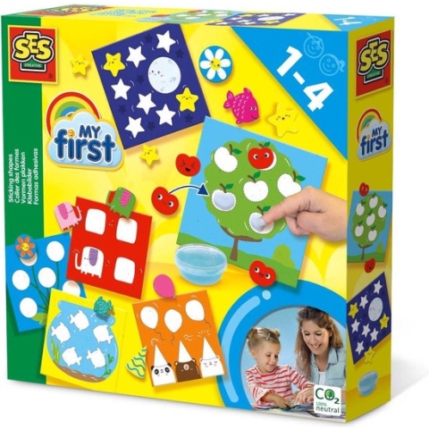 SES - My First - Vormen plakken - 6 bedrukte kaarten - inclusief plakvormpjes en lijm - makkelijk uitwasbaar