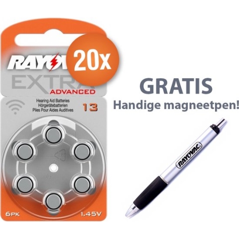 Voordeelpak Rayovac gehoorapparaat batterijen - Type 13 (oranje) - 20 x 6 stuks + gratis magnetische batterijpen