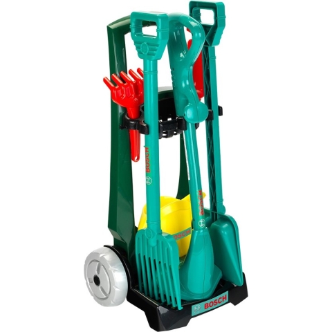 Klein Toys Bosch tuin 7-delige tuinkar - grastrimmer, schep, hark, gieter, schepje en zandhark - incl. bijpassend geluid - groen geel rood
