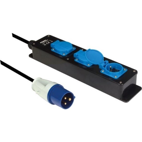 Perel Stekkerdoos, 3 klapdeksels, 3 stopcontacten met penaarde (type E), CEE-stekker, kabel 3 m, 3G2.5, voor binnen en buiten, zwart/blauw