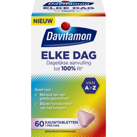 Davitamon Elke Dag kauwtabletten - Complete multivitamine met 22 essentiële vitamines en mineralen - 60 tabletten - Multivitamine