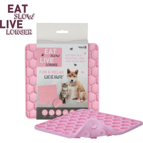 Eat Slow Live Longer Honingraat Likmat - 23 x19 cm – Anti-schrok mat – Slowfeeder – Gemakkelijk overal te plaatsen - Likplaat voor huisdieren – Uitdaging voor je huisdier - 100% Siliconen - Vaatwasserbestendig – Roze