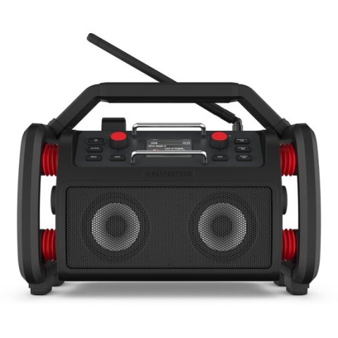 PerfectPro bouwplaatsradio ROCKRPO, DAB+ en FM-ontvangst, Bluetooth, geïntegreerde batterij, AUX- en USB-ingang, inclusief oplader en lithiumbatterij, IP65, RP2