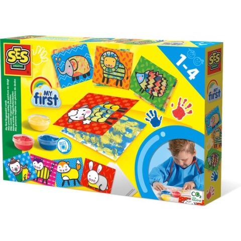 SES - My First - Mijn eerste vingerverf kaarten - 8 kaarten en 3 kleuren verf - hypoallergeen - makkelijk uitwasbaar