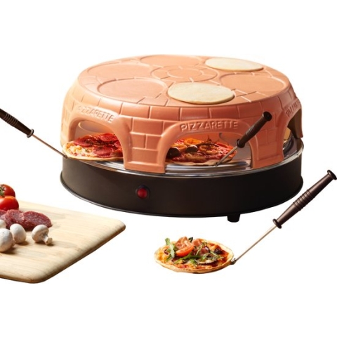 Emerio PO-115848.1 - Pizzarette - 6 Persoons - Pre-bake functie - Handgemaakte terracotta koepel - 6 Geïsoleerde bak spatels - RVS bakplaat