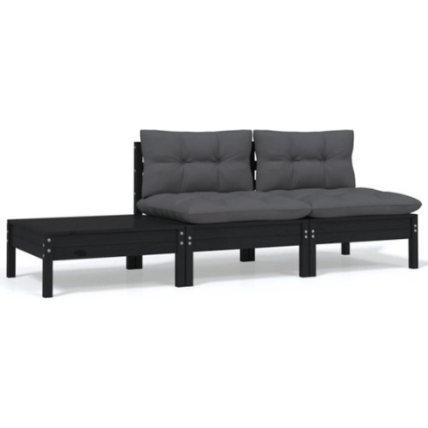 vidaXL-3-delige-Loungeset-met-kussens-massief-grenenhout-zwart